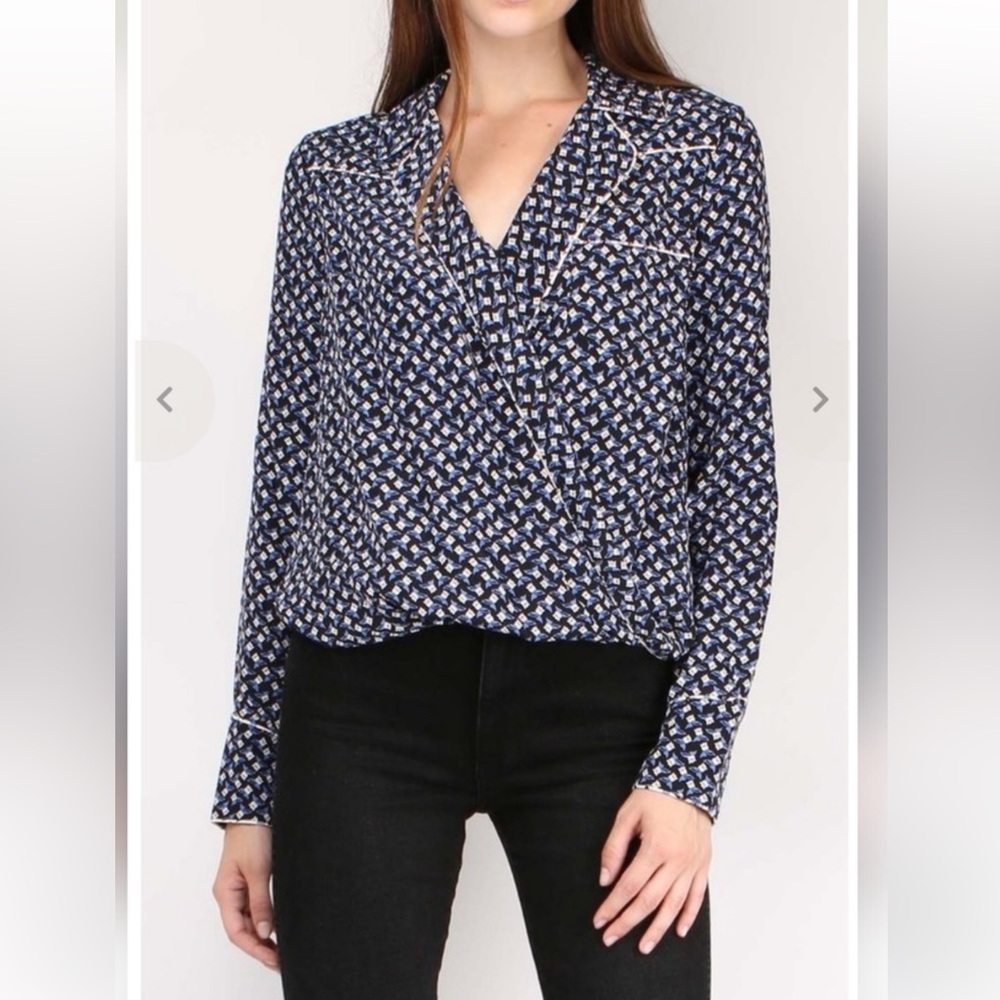 Veronica Beard Worth 100% Silk Blouse Size 2 Floral Black/Blue/White V-Neck